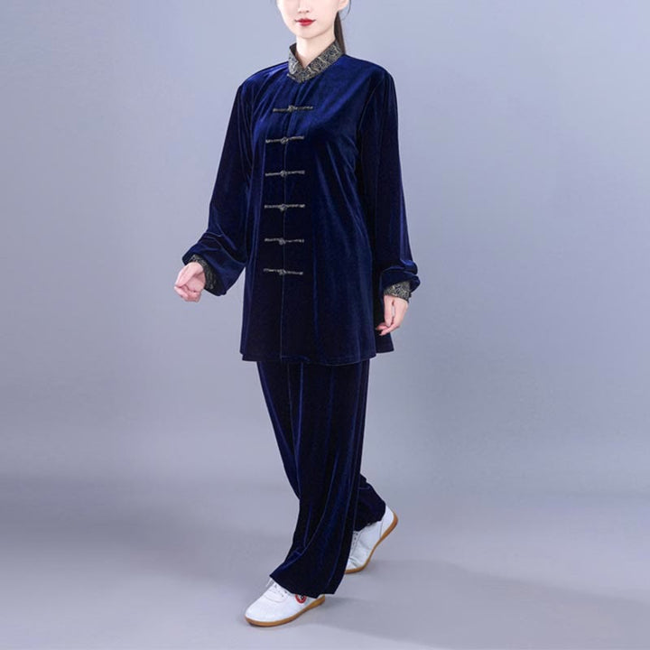 Buddha Stones 2Pcs Fall Winter Tai Chi Qigong Auspicious Clouds Stand Collar Frog-Button Unisex Velour Meditation Clothing Set - image 14