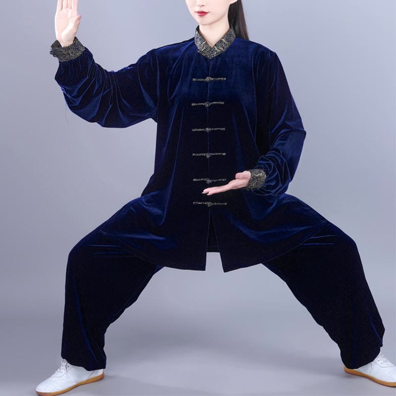 Buddha Stones 2Pcs Fall Winter Tai Chi Qigong Auspicious Clouds Stand Collar Frog-Button Unisex Velour Meditation Clothing Set - MidnightBlue - 3XL-FIT FOR US/UK/AU/EU-XL - image 11