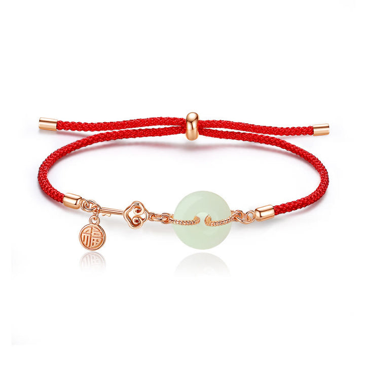 Buddha Stones Natural Hetian Jade Peace Buckle 925 Sterling Silver Red String Fu Character Protection Luck Bracelet