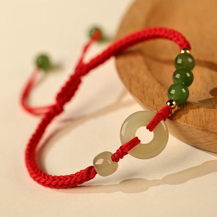 Buddha Stones Natural Hetian Jade Peace Buckle Red String Protection Luck Bracelet