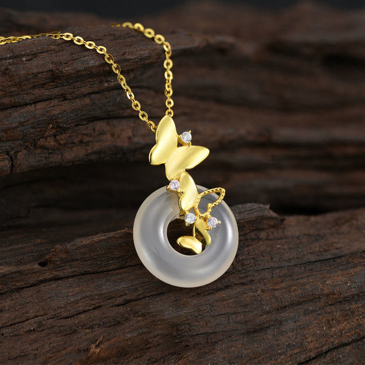 Buddha Stones 925 Sterling Silver Butterfly Chalcedony Peace Buckle Blessing Luck Necklace Pendant - Chalcedony Butterfly 18K Gold Plated - image 0