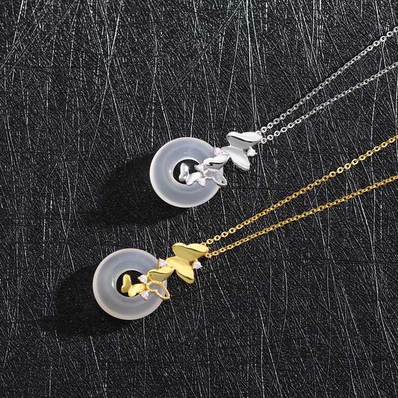 Buddha Stones 925 Sterling Silver Butterfly Chalcedony Peace Buckle Blessing Luck Necklace Pendant - image 9
