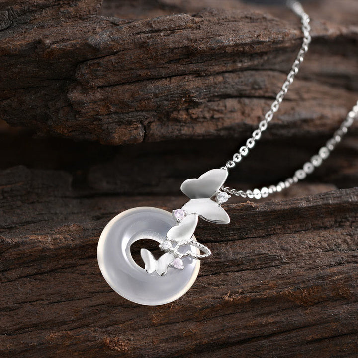 Buddha Stones 925 Sterling Silver Butterfly Chalcedony Peace Buckle Blessing Luck Necklace Pendant - Chalcedony Butterfly White Gold - image 7