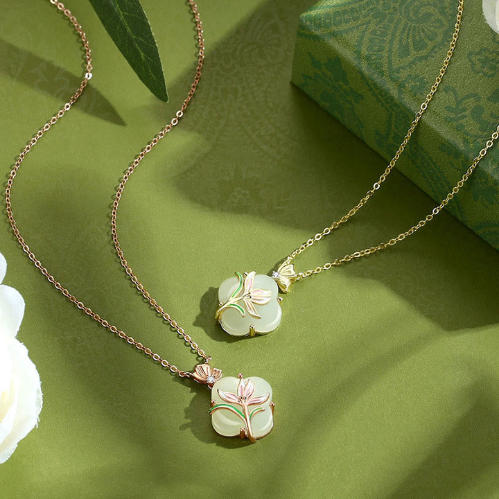 Buddha Stones 925 Sterling Silver Magnolia Butterfly Hetian Jade Four Leaf Clover Blessing Earrings Necklace Pendant