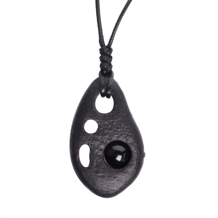 Buddha Stones Ebony Wood Hollow Inlaid Obsidian Peace Calm Necklace Pendant