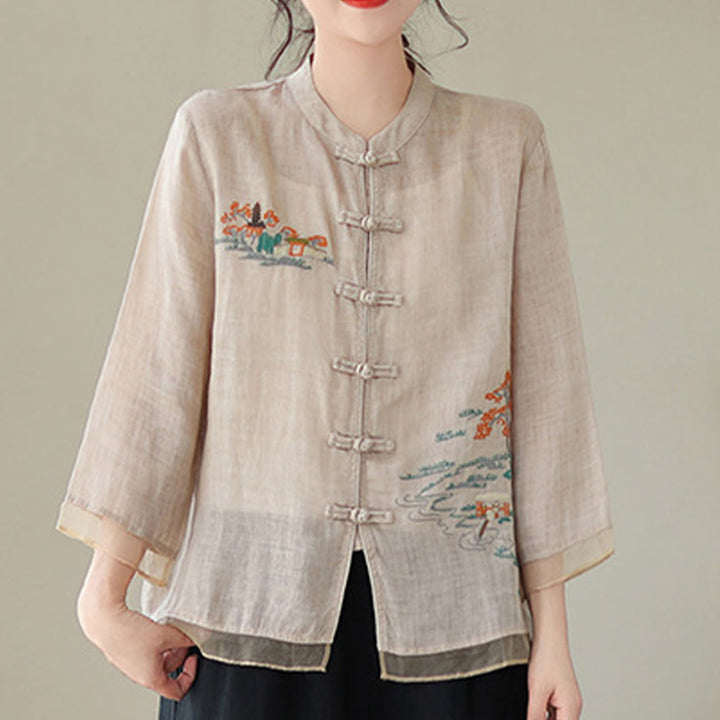 Buddha Stones Embroidery Frog-button Design Three Quarter Sleeve Women's Shirt