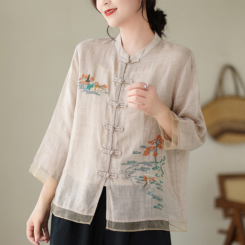 Buddha Stones Embroidery Frog-button Design Three Quarter Sleeve Women's Shirt