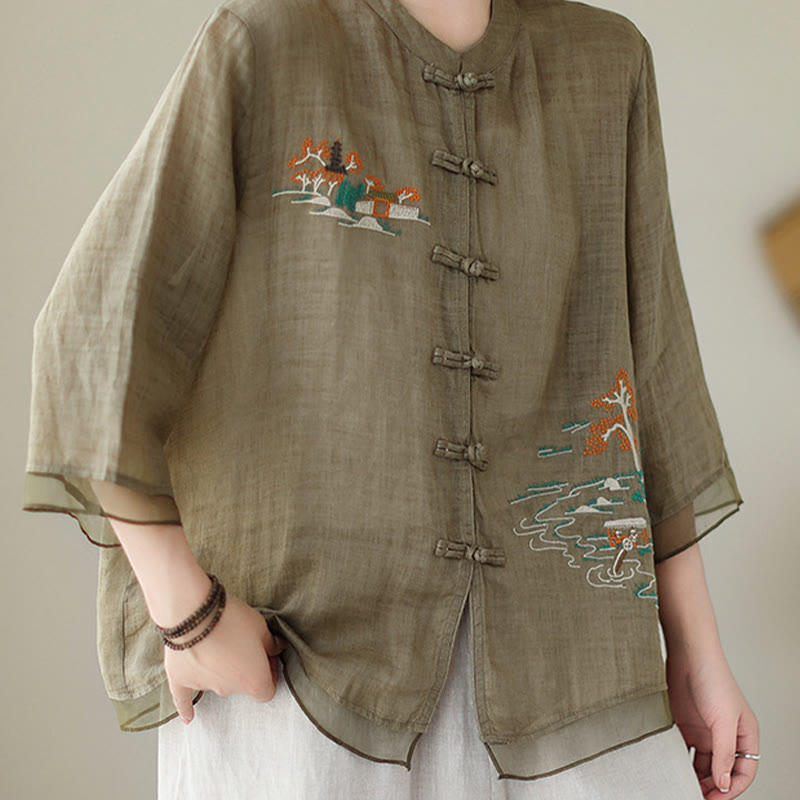 Buddha Stones Embroidery Frog-button Design Three Quarter Sleeve Women's Shirt