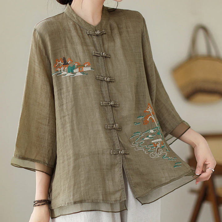 Buddha Stones Embroidery Frog-button Design Three Quarter Sleeve Women's Shirt