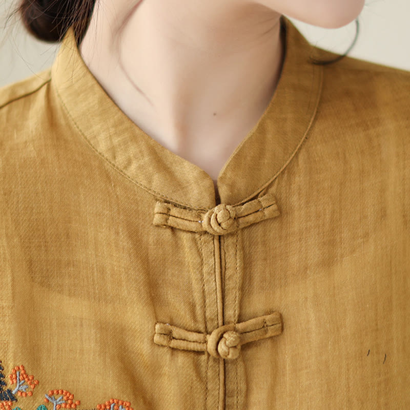 Buddha Stones Embroidery Frog-button Design Three Quarter Sleeve Women's Shirt