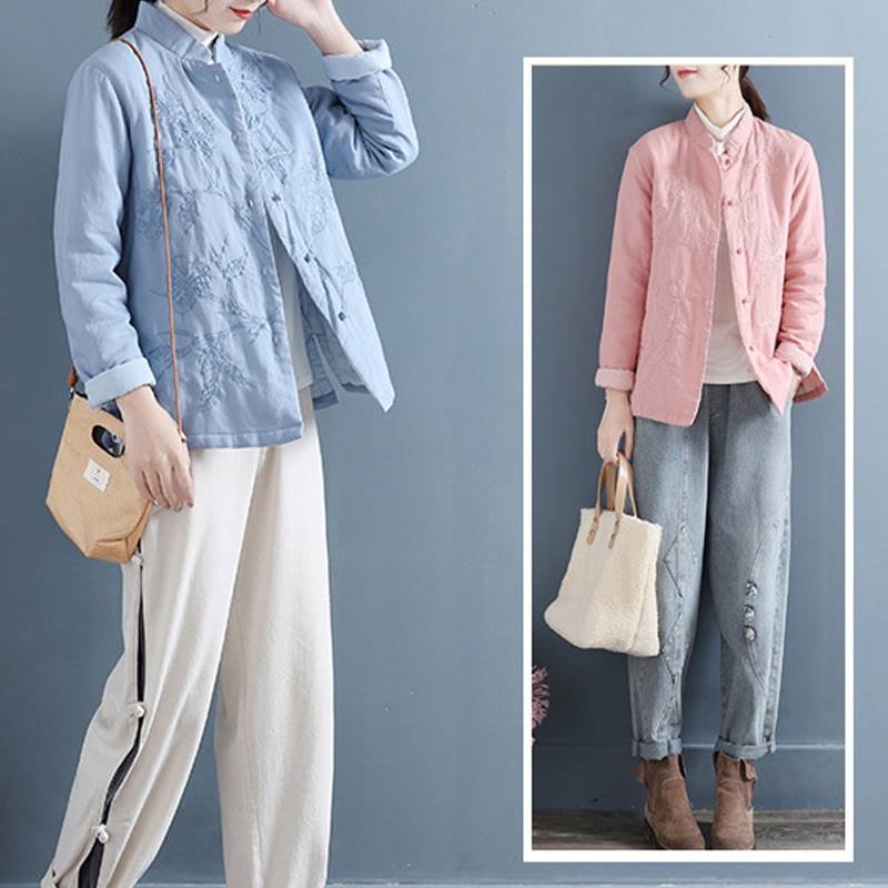 Buddha Stones Retro Flower Design Thermal Long Sleeve Cotton Linen Women's Shirt - image 10