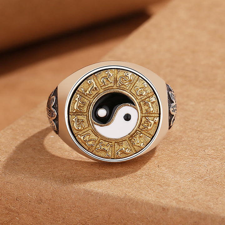 Buddha Stones Yin Yang Chinese Zodiac Copper Wealth Adjustable Ring