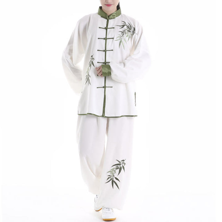 Buddha Stones 2Pcs Fall Green Bamboo Leaves Embroidery Frog-Button Tai Chi Meditation Qigong Zen Practice Unisex Cotton Clothing Set