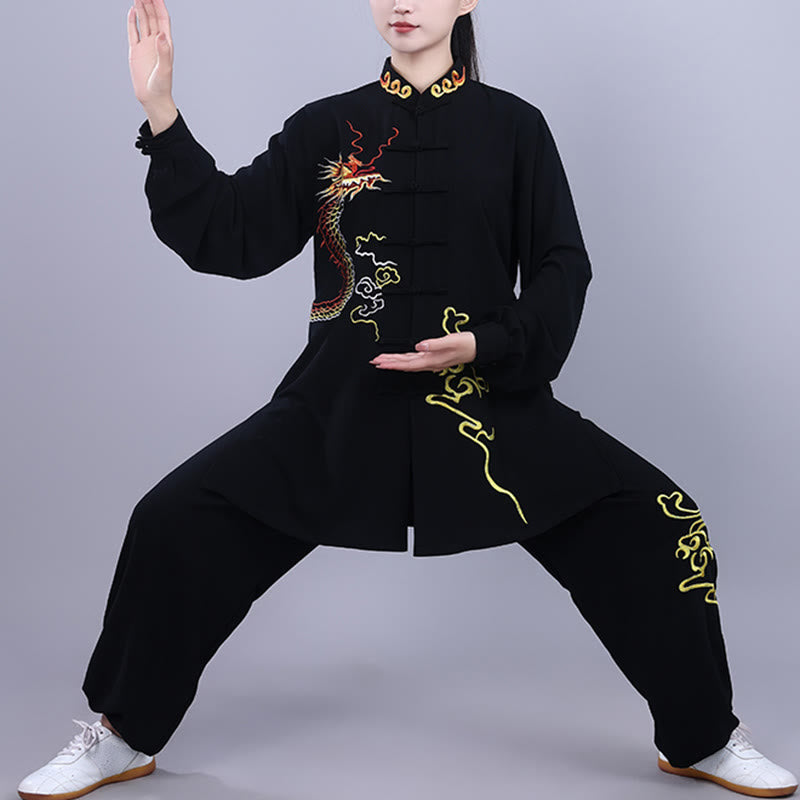 Buddha Stones 2Pcs Fall Embroidery Dragon Frog-Button Tai Chi Meditation Qigong Zen Practice Unisex Cotton Clothing Set