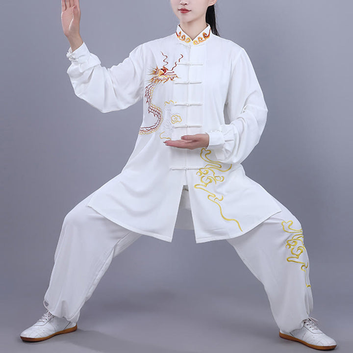 Buddha Stones 2Pcs Fall Embroidery Dragon Frog-Button Tai Chi Meditation Qigong Zen Practice Unisex Cotton Clothing Set - White - 3XL-FIT FOR US/UK/AU/EU-XL - image 8