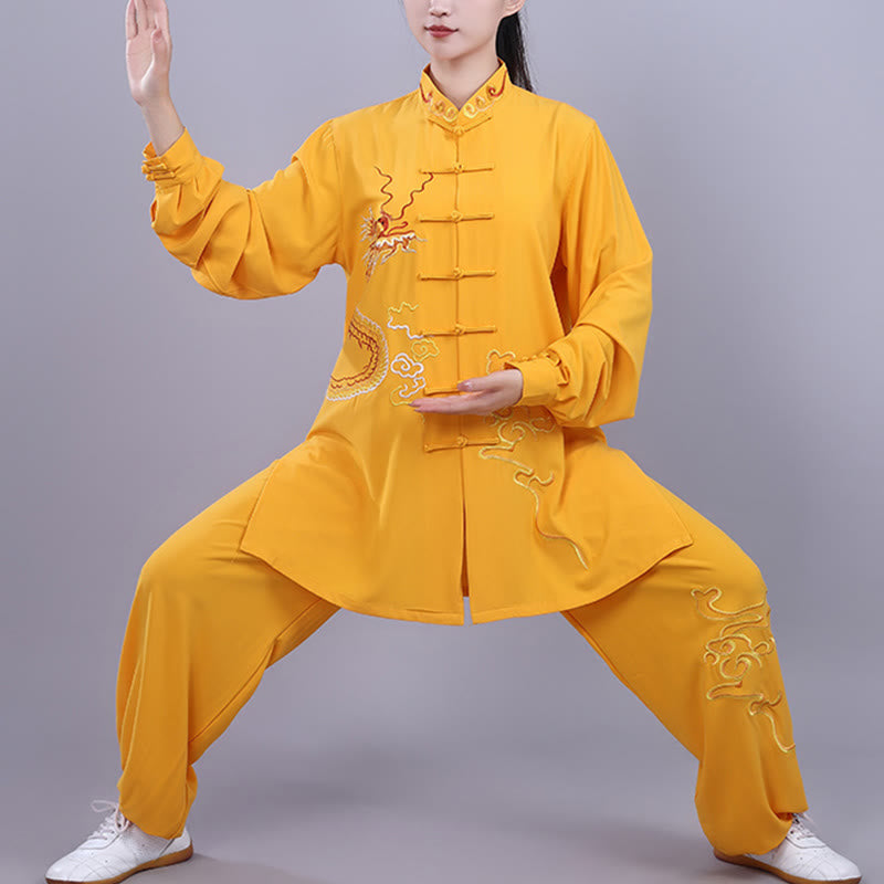 Buddha Stones 2Pcs Fall Embroidery Dragon Frog-Button Tai Chi Meditation Qigong Zen Practice Unisex Cotton Clothing Set