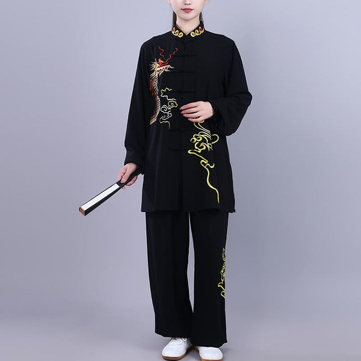 Buddha Stones 2Pcs Fall Embroidery Dragon Frog-Button Tai Chi Meditation Qigong Zen Practice Unisex Cotton Clothing Set - image 2