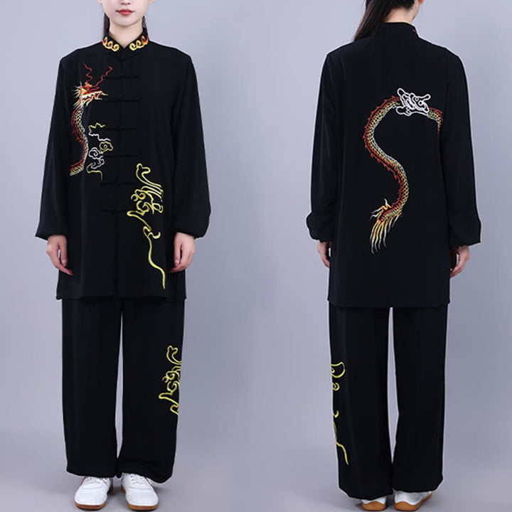 Buddha Stones 2Pcs Fall Embroidery Dragon Frog-Button Tai Chi Meditation Qigong Zen Practice Unisex Cotton Clothing Set