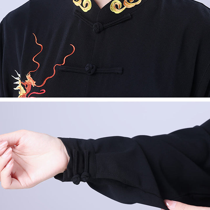 Buddha Stones 2Pcs Fall Embroidery Dragon Frog-Button Tai Chi Meditation Qigong Zen Practice Unisex Cotton Clothing Set - image 6