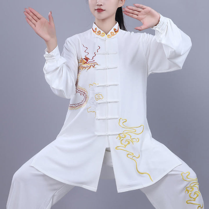 Buddha Stones 2Pcs Fall Embroidery Dragon Frog-Button Tai Chi Meditation Qigong Zen Practice Unisex Cotton Clothing Set