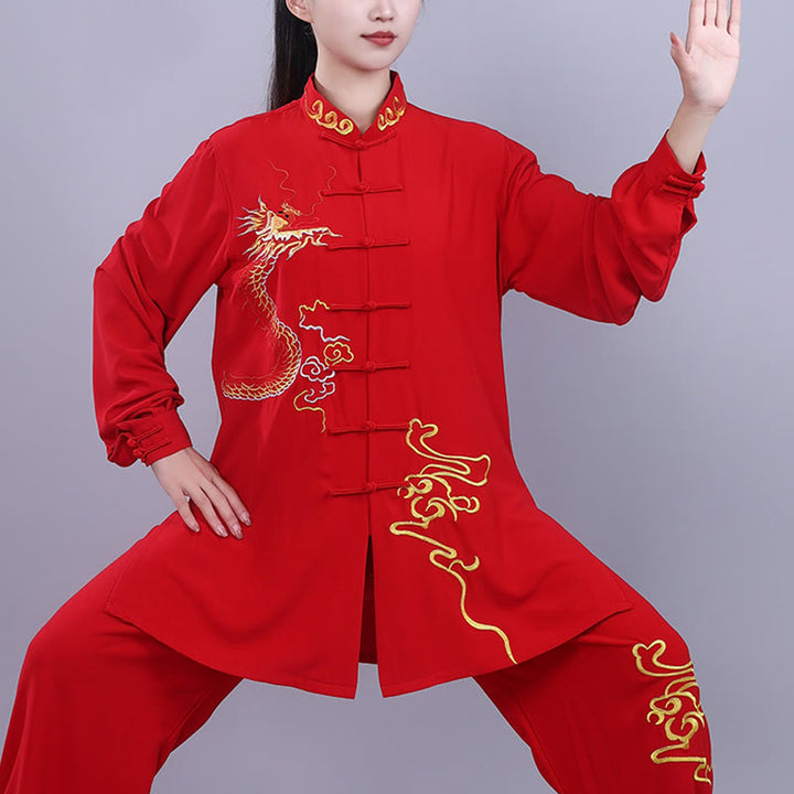 Buddha Stones 2Pcs Fall Embroidery Dragon Frog-Button Tai Chi Meditation Qigong Zen Practice Unisex Cotton Clothing Set - image 16