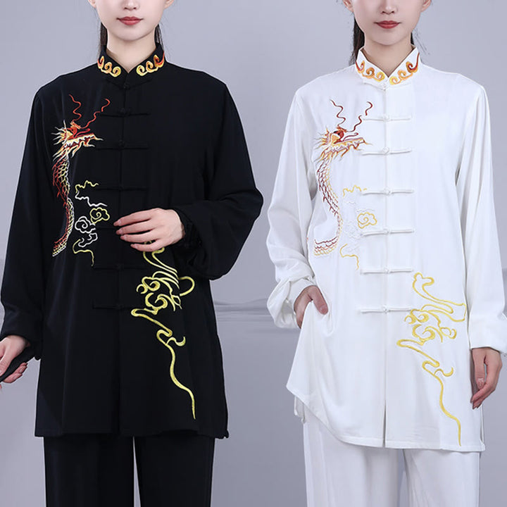 Buddha Stones 2Pcs Fall Embroidery Dragon Frog-Button Tai Chi Meditation Qigong Zen Practice Unisex Cotton Clothing Set - image 13