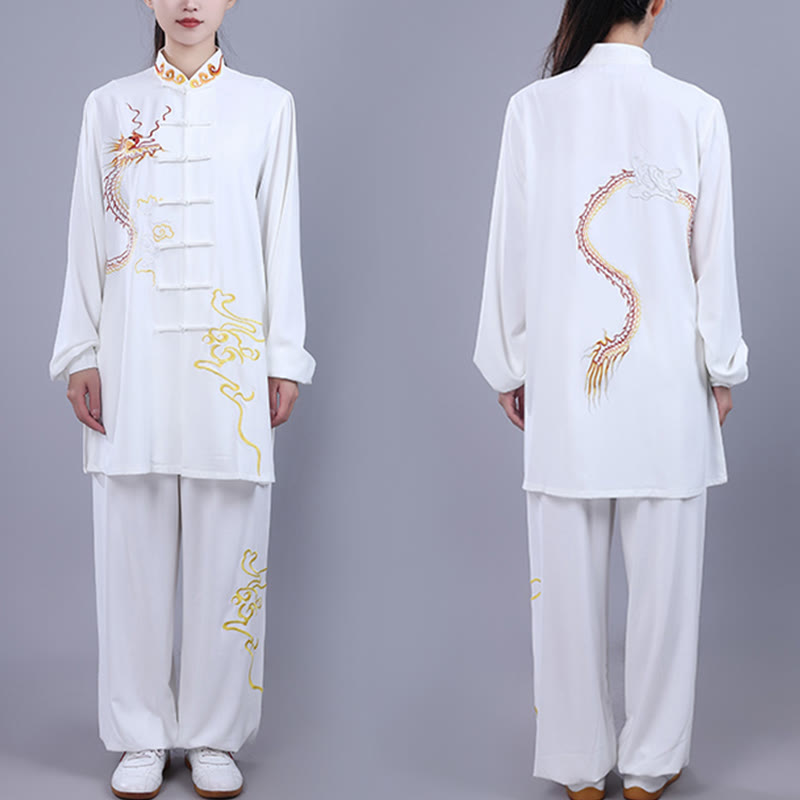 Buddha Stones 2Pcs Fall Embroidery Dragon Frog-Button Tai Chi Meditation Qigong Zen Practice Unisex Cotton Clothing Set