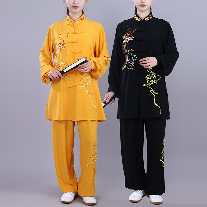 Buddha Stones 2Pcs Fall Embroidery Dragon Frog-Button Tai Chi Meditation Qigong Zen Practice Unisex Cotton Clothing Set - image 23