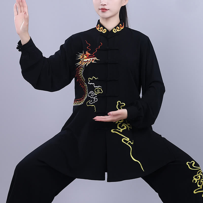 Buddha Stones 2Pcs Fall Embroidery Dragon Frog-Button Tai Chi Meditation Qigong Zen Practice Unisex Cotton Clothing Set