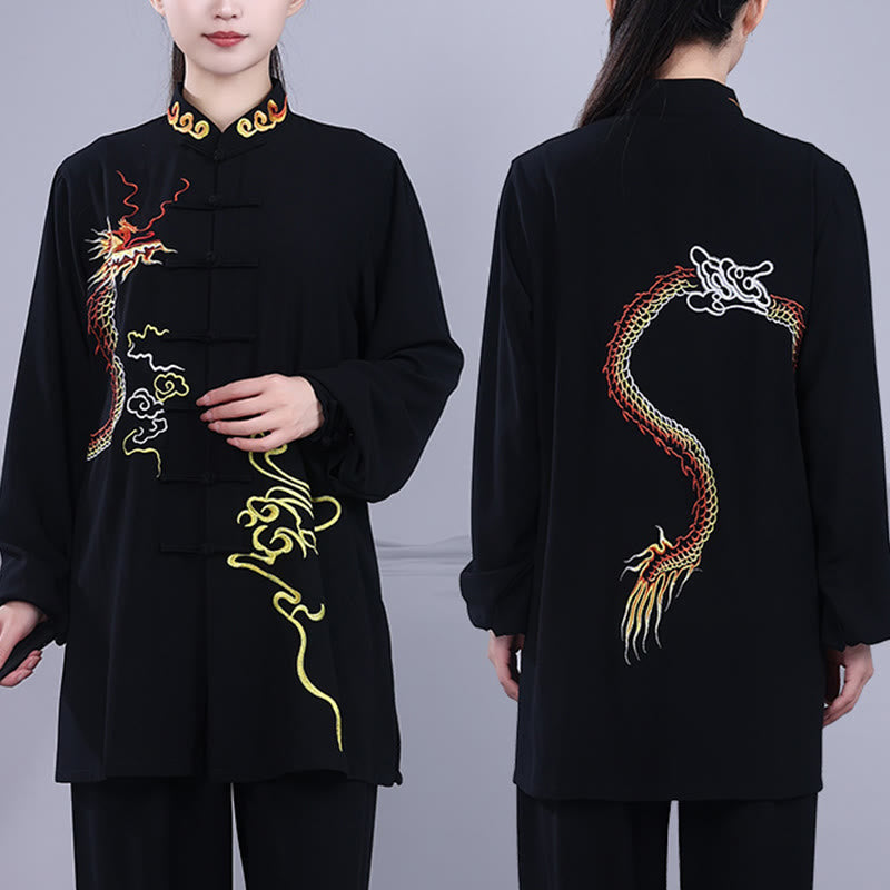 Buddha Stones 2Pcs Fall Embroidery Dragon Frog-Button Tai Chi Meditation Qigong Zen Practice Unisex Cotton Clothing Set