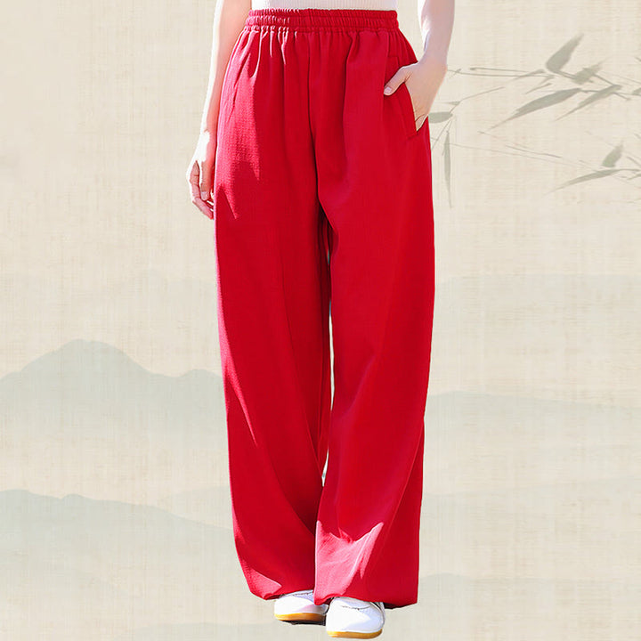 Buddha Stones Fall Winter Unisex Elastic Waist Tai Chi Qigong Practice Cotton Linen Fleece Lined Pants With Pockets