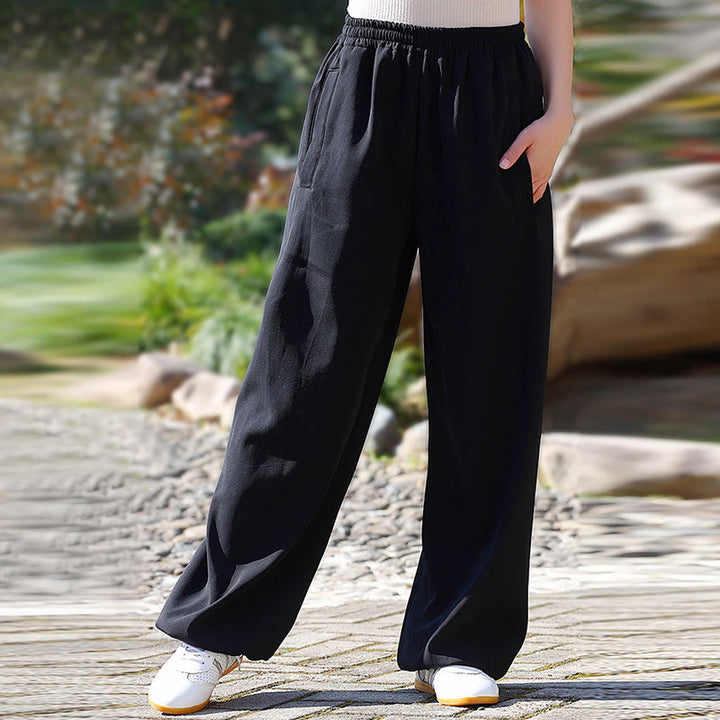 Buddha Stones Fall Winter Unisex Elastic Waist Tai Chi Qigong Practice Cotton Linen Fleece Lined Pants With Pockets