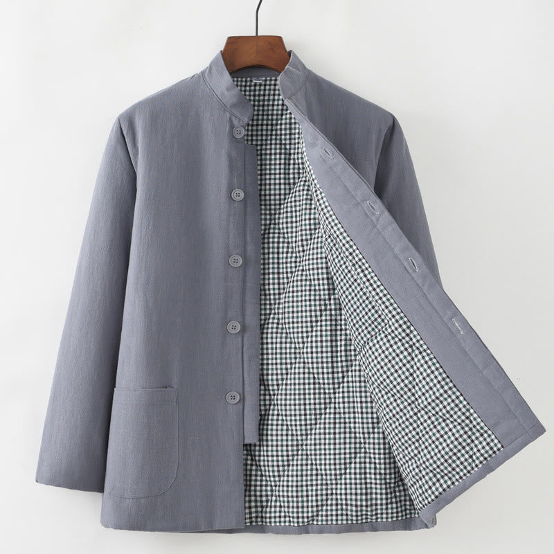 Buddha Stones Winter Men's Frog-Button Tang Suit Linen Cotton Fleece Lined Jacket Shirt With Pockets - Gray - Button Down - US/UK/AU44，EU54 (4XL) - image 3