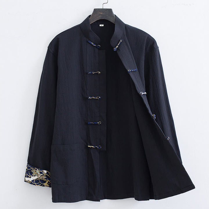 Buddha Stones Men's Frog-Button Tang Suit Cotton White Crane Embroidery Jacket Shirt With Pockets - image 2