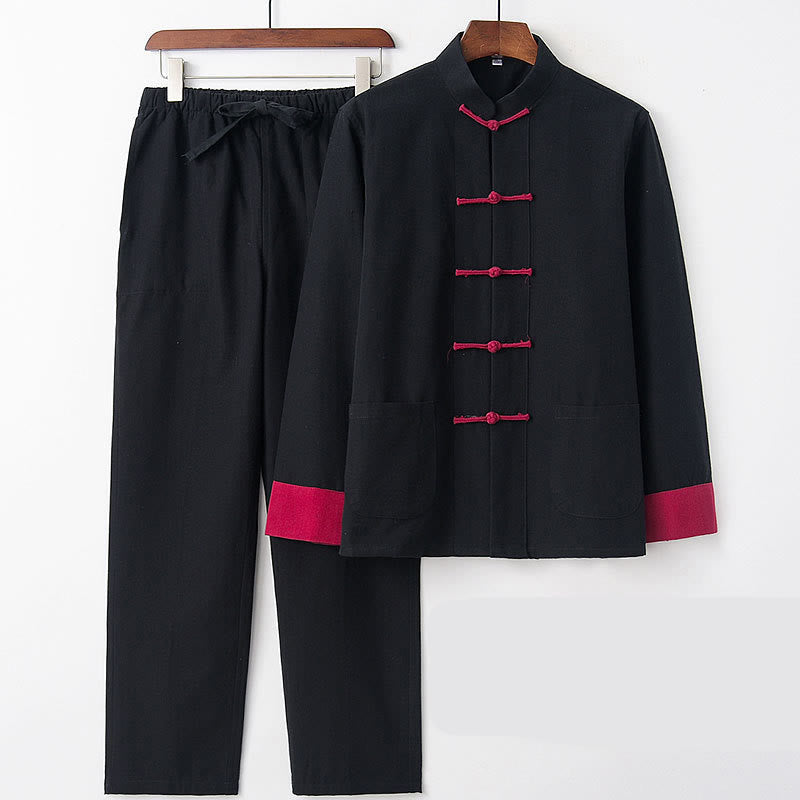 Buddha Stones 2Pcs Fall Men's Tang Suit Frog-Button Cotton Long Sleeve Shirt Pants Set - Black Red Sleeve - US/UK/AU46，EU56 (5XL) - image 15