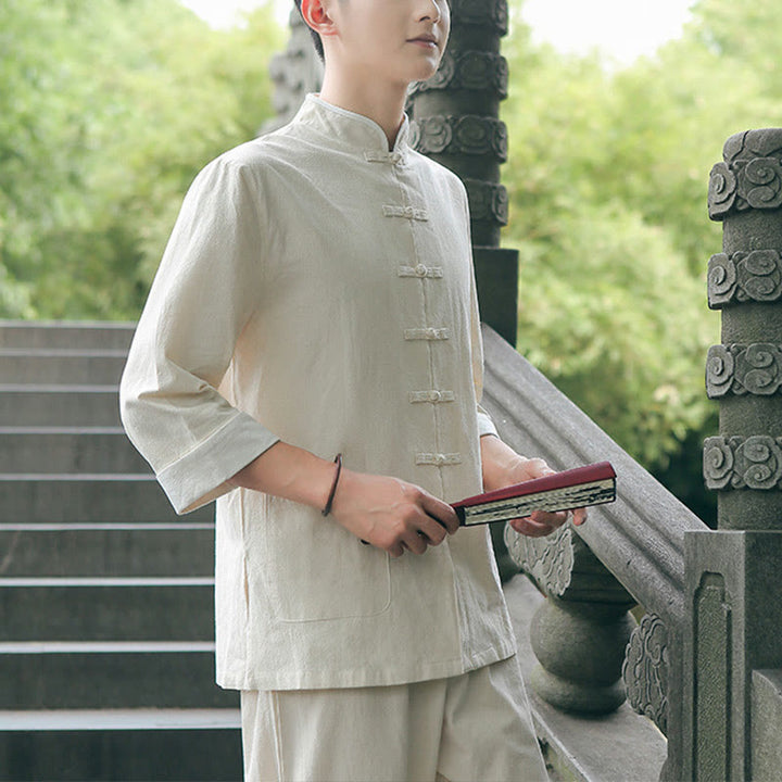 Buddha Stones 2Pcs Fall Men's Tang Suit Frog-Button Cotton Three Quarter Sleeve Shirt Pants Set - image 4