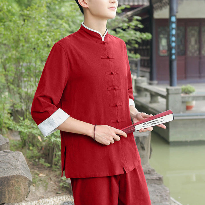 Buddha Stones 2Pcs Fall Men's Tang Suit Frog-Button Cotton Three Quarter Sleeve Shirt Pants Set