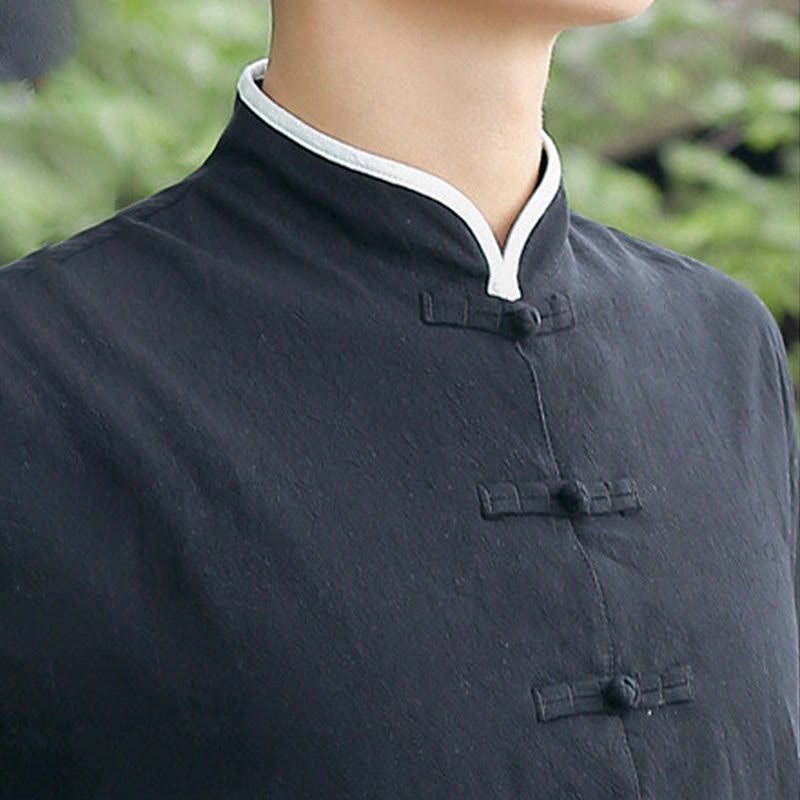 Buddha Stones 2Pcs Fall Men's Tang Suit Frog-Button Cotton Three Quarter Sleeve Shirt Pants Set - image 12