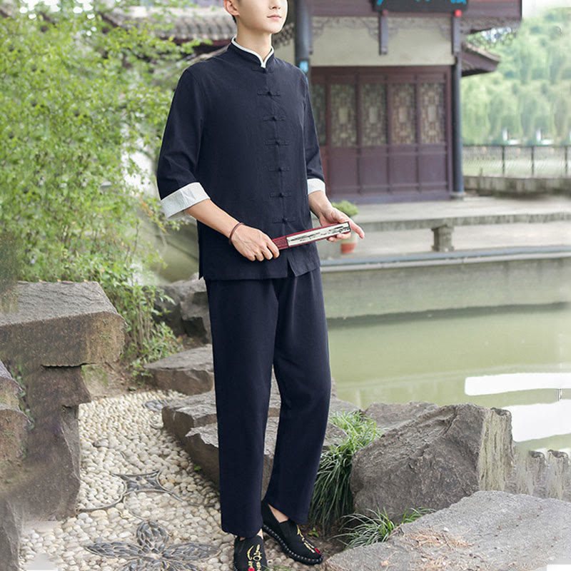 Buddha Stones 2Pcs Fall Men's Tang Suit Frog-Button Cotton Three Quarter Sleeve Shirt Pants Set - Black - US/UK/AU48，EU58 (6XL) - image 6