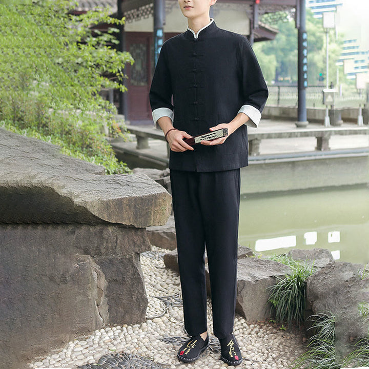 Buddha Stones 2Pcs Fall Men's Tang Suit Frog-Button Cotton Three Quarter Sleeve Shirt Pants Set - image 8