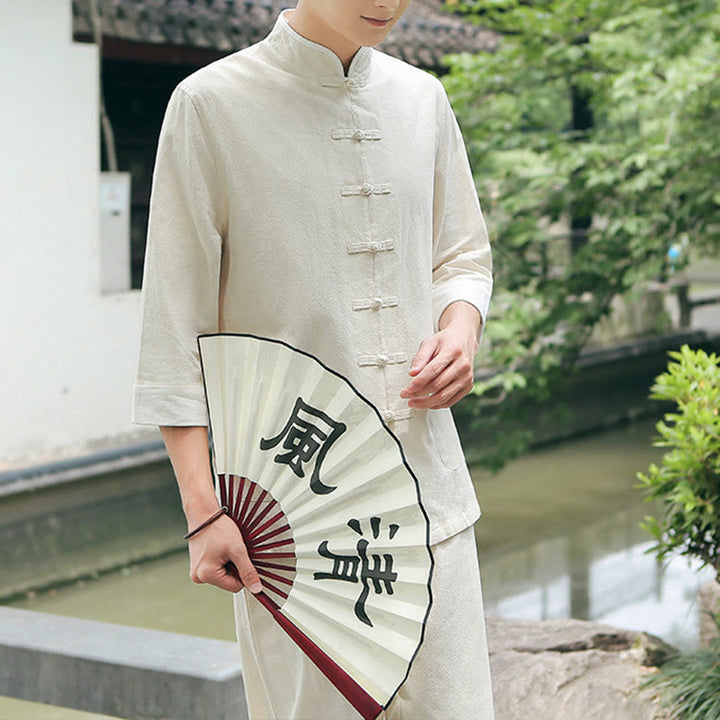 Buddha Stones 2Pcs Fall Men's Tang Suit Frog-Button Cotton Three Quarter Sleeve Shirt Pants Set - Linen - US/UK/AU48，EU58 (6XL) - image 2