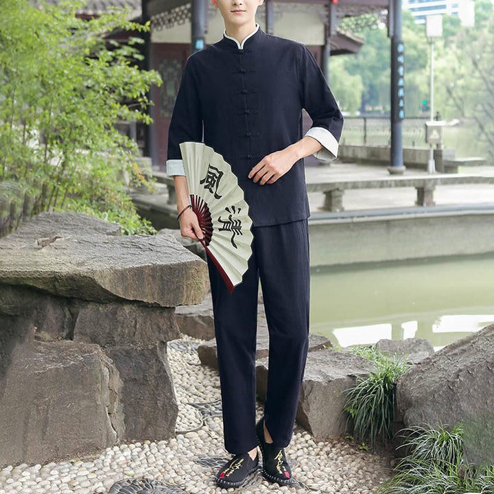 Buddha Stones 2Pcs Fall Men's Tang Suit Frog-Button Cotton Three Quarter Sleeve Shirt Pants Set - image 7