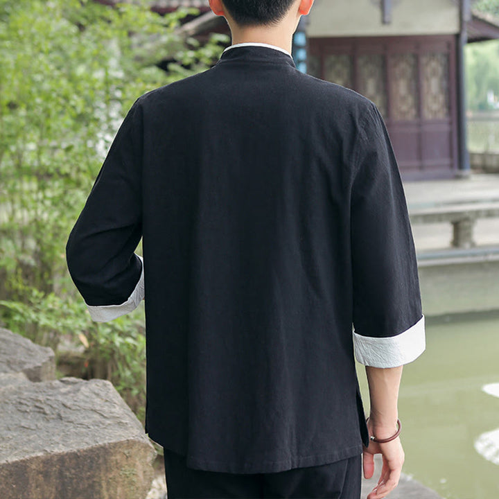 Buddha Stones 2Pcs Fall Men's Tang Suit Frog-Button Cotton Three Quarter Sleeve Shirt Pants Set - image 11