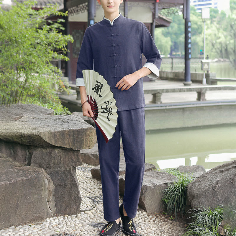 Buddha Stones 2Pcs Fall Men's Tang Suit Frog-Button Cotton Three Quarter Sleeve Shirt Pants Set - SteelBlue - US/UK/AU48，EU58 (6XL) - image 0