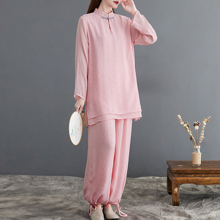 Buddha Stones 2Pcs Solid Women's Long Sleeve Shirt Pants Meditation Clothing Set - Pink - US8-10，UK/AU12-14，EU40-42 (2XL) - image 1