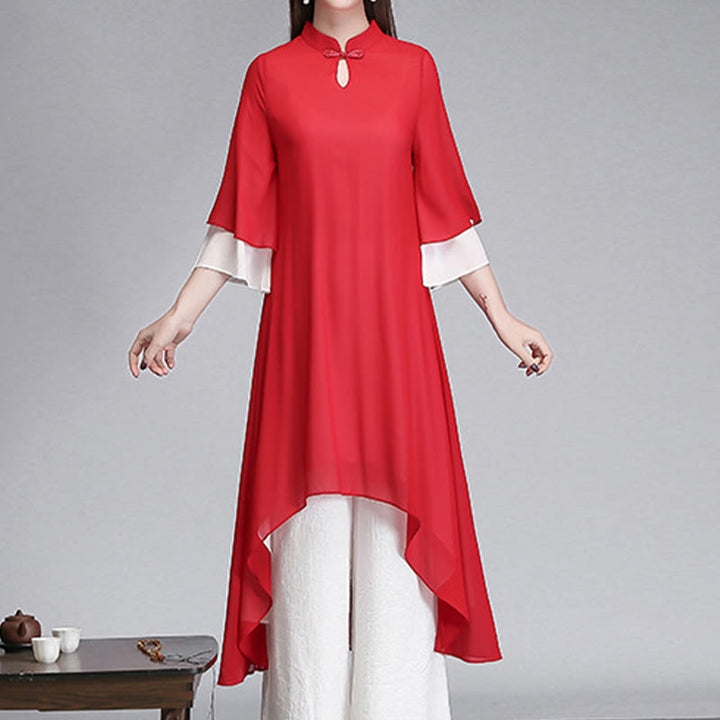 Buddha Stones Solid Women's Three Quarter Sleeve Chiffon Irregular Shirt Dress Wide Leg Pants Meditation Clothing