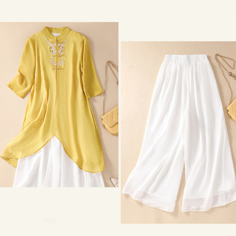 Buddha Stones Women's Flower Embroidery Frog-Button Shirt Dress Wide Leg Pants - image 14