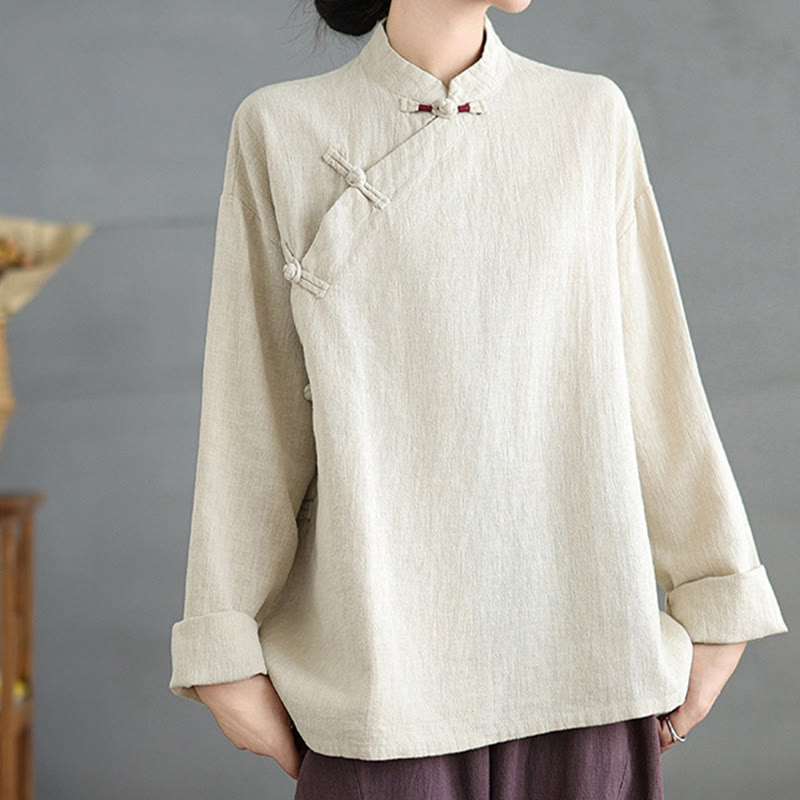 Buddha Stones Solid Color Frog-Button Long Sleeve Women's Shirt - Linen - US8-10，UK/AU12-14，EU40-42 (2XL) - image 0
