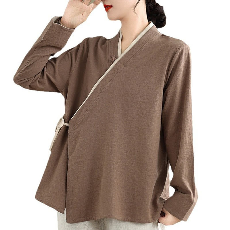 Buddha Stones Fall Solid Color Hanfu Long Sleeve Lace Up Women's Shirt - image 25