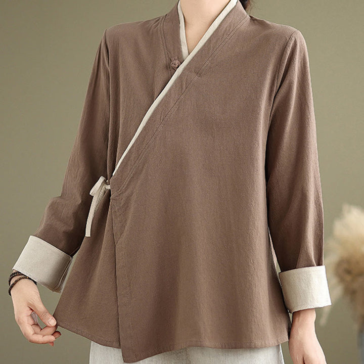 Buddha Stones Fall Solid Color Hanfu Long Sleeve Lace Up Women's Shirt - image 19